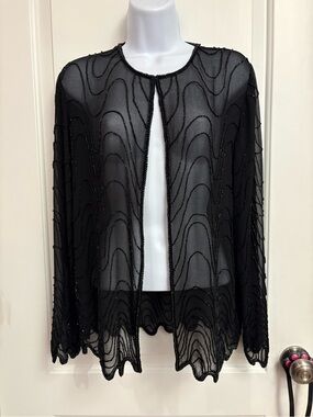 After Five Sheer Fully Beaded Scallop Hem Cardigan Black Large